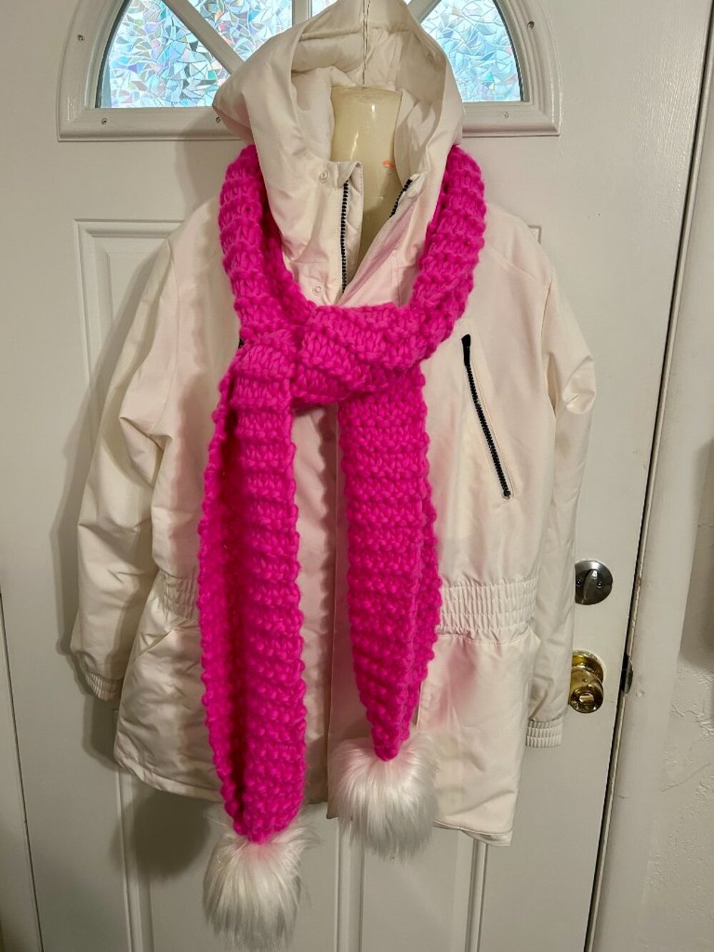 Pink Long Scarf w/ White Pom Poms - Handmade Wool Yarn  NEW